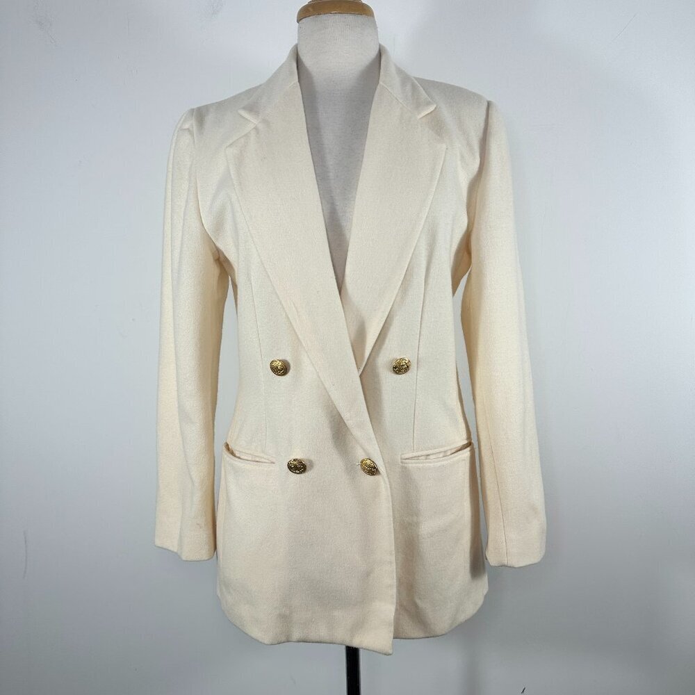 Vintage Stephanie Andrews 100% Wool Cream Lined Blazer Pockets USA Women's Sz 8